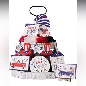 NWT RoseCraft 12 Pcs 4th of July Tiered Tray Decor, Patriotic Wooden Signs
